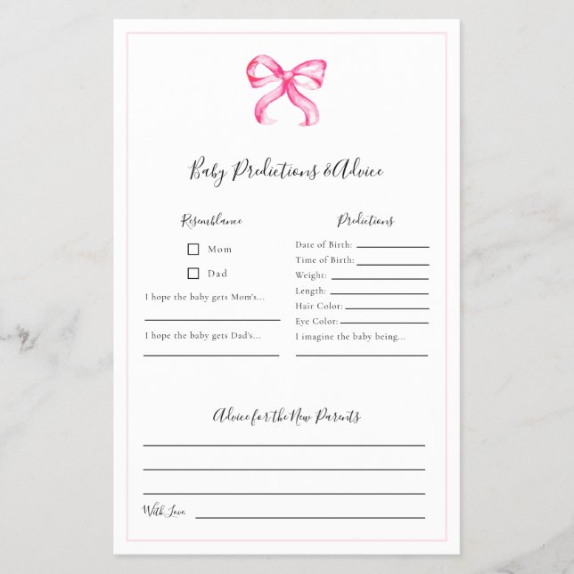 Förutsägelser och Råd Spel Rosa Band Baby Shower Flygblad (Framsidan)