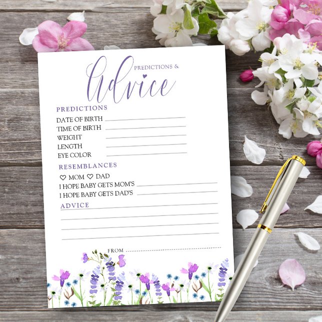 Förutsägelser och Råd Vildblomma Utskrivbar Kort (Predictions and Advice card from my Purple Wildflower Baby Shower Collection)