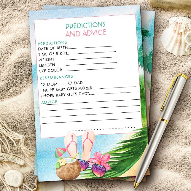 Förutsägelser och rådgivningskort för sommarpaket (Baby shower activity with tropical beach surfing theme from my Baby on Board baby shower collection)