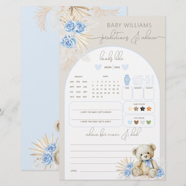 Förutsägelsespel för nalle Boho Blue Baby Shower (Fram/baksida)