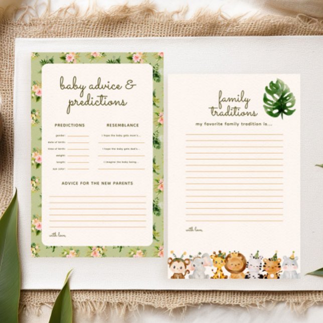 Förutsägelsespel för Tropical Baby Shower Predicgh (fun baby shower games: family traditions + advice & predictions. Tropical leaves and safari animals)
