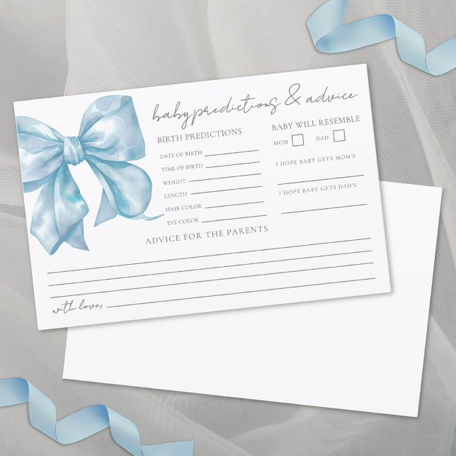 Förutsägningskort för blå babyskor (Blue Bow Baby Shower Advice Predictions Card)
