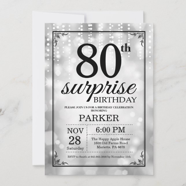 Förvåna 80th glitter för födelsedaginbjudansilver inbjudningar (Framsida)