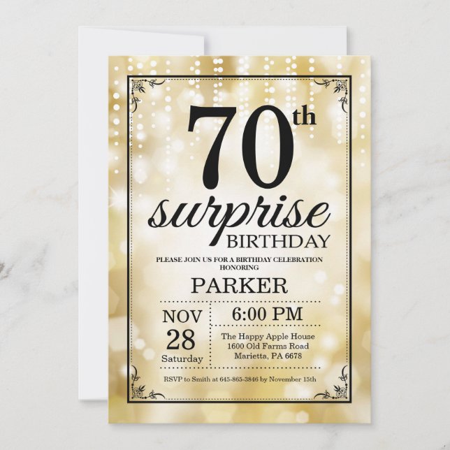 Förvåna guld- glitter för den 70th inbjudningar (Framsida)
