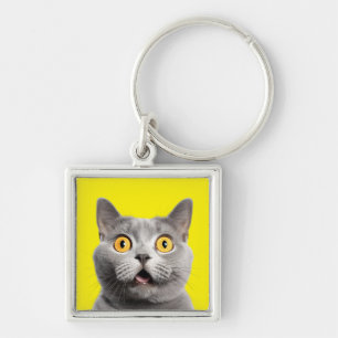 Förvånad Gult för Crazy Cat Fyrkantig Silverfärgad Nyckelring
