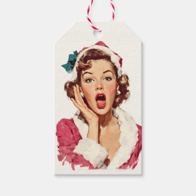 Förvånad Retro Jul Pin-Up Presentetikett (Framsidan)