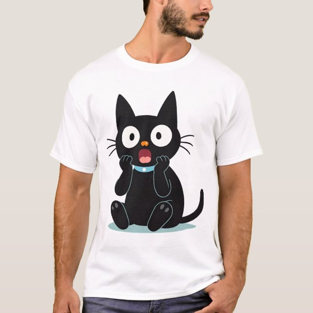 Förvånad Svart Tecknad Katt T Shirt (Framsida)