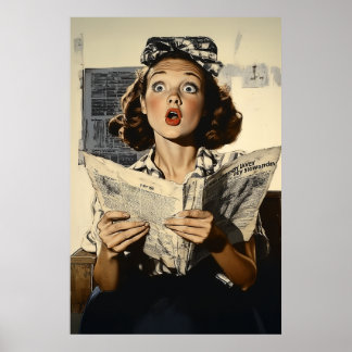 Förvånad tidningsartikel för kvinnlig läsning poster