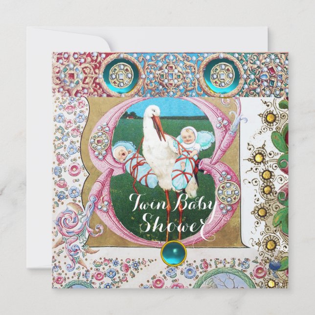 FÖRVARA TWIN BOYS BABY SHOWER,BLOMMIGT GEMSTONES INBJUDNINGAR (Framsida)