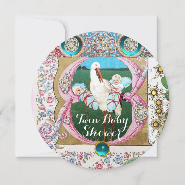 FÖRVARA TWIN BOYS BABY SHOWER,BLOMMIGT GEMSTONES INBJUDNINGAR (Framsida)