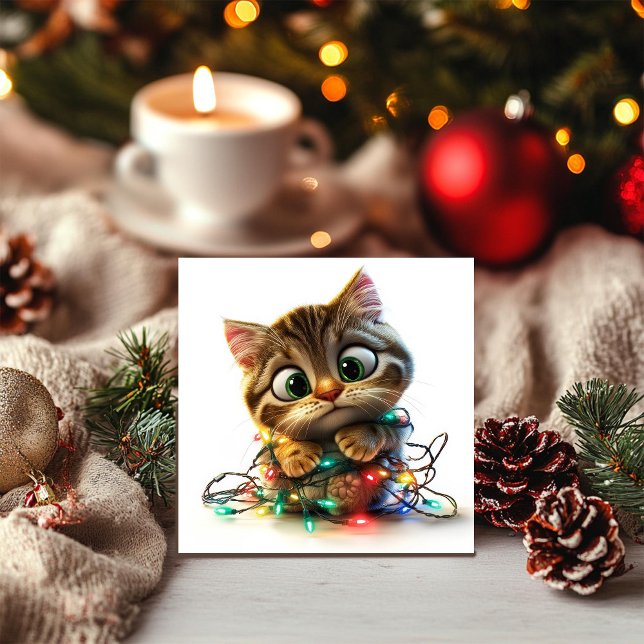 Förvirrad Festiv Tabby Katt med Julbelysning Julkort (Skapare uppladdad)