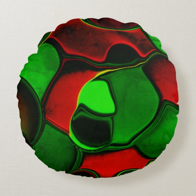 Förvrängda och främmande former, rött och grönt fä rund kudde (Framsidan)