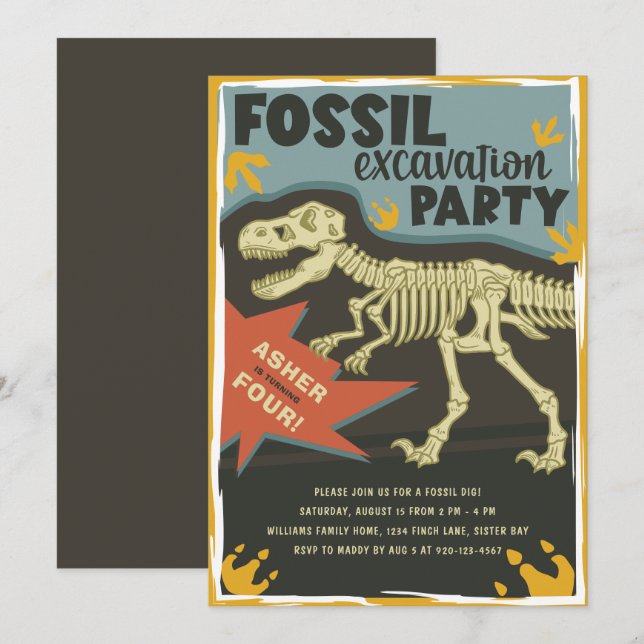 Fossil Excavation Dinosaur-Födelsedagsfest Inbjudningar (Fram/baksida)