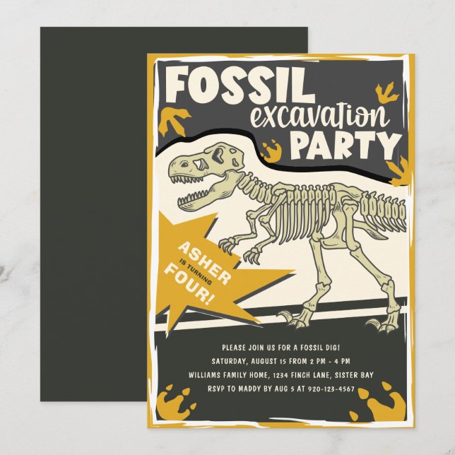 Fossil Excavation Dinosaur-Födelsedagsfest Inbjudningar (Fram/baksida)