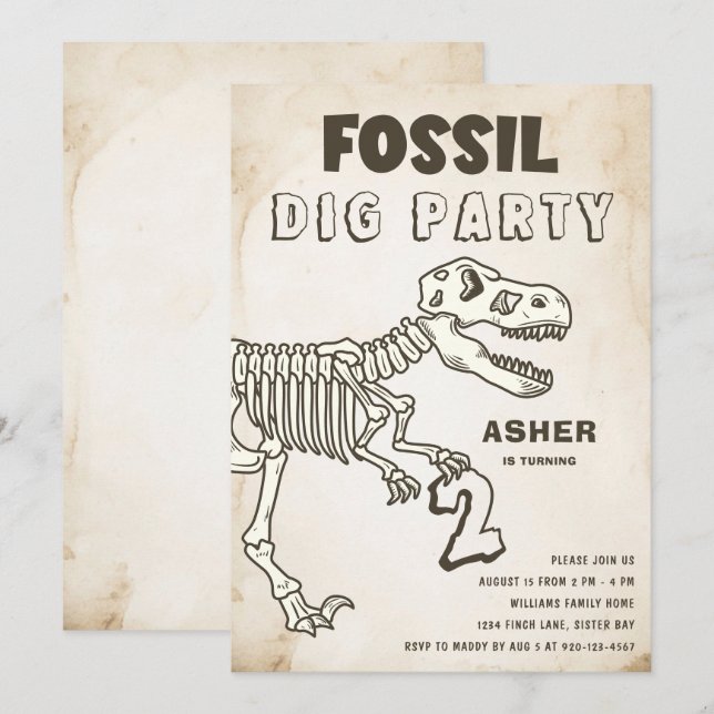 Fossil Gräv Dinosaur-Födelsedagsfest Inbjudningar (Fram/baksida)
