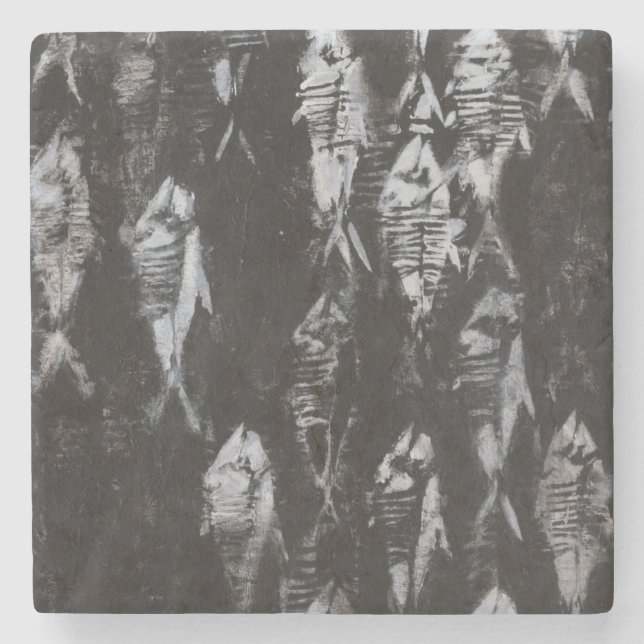 Fossil White Fish on Black Background Underlägg Sten (Framsidan)