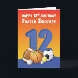 Foster Brother 12:e Birthday Sports Bollar Kort<br><div class="desc">"Lycklig 12:e födelsedag Foster Brother" står på framsidan ovanför det stora nummer 12 och samlingen av olika sportförband bollar. Det enda och enda kortet till ge till din älskare fosterbror för sport för hans kommande födelsedag.</div>