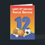 Foster Brother 12:e Birthday Sports Bollar Kort<br><div class="desc">"Lycklig 12:e födelsedag Foster Brother" står på framsidan ovanför det stora nummer 12 och samlingen av olika sportförband bollar. Det enda och enda kortet till ge till din älskare fosterbror för sport för hans kommande födelsedag.</div>