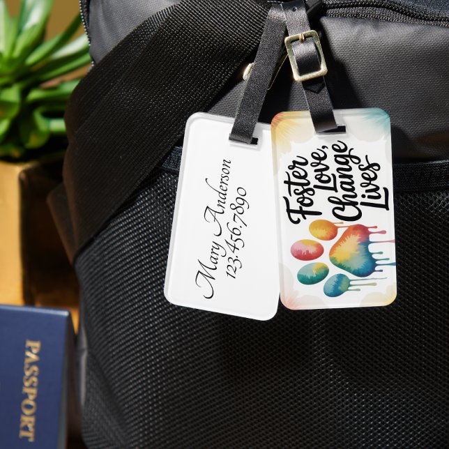 Foster Kärlek Förändrar Liv Akvarell Tassavtryck P Bagagebricka (Personalized Foster Animal Supporter luggage tag)