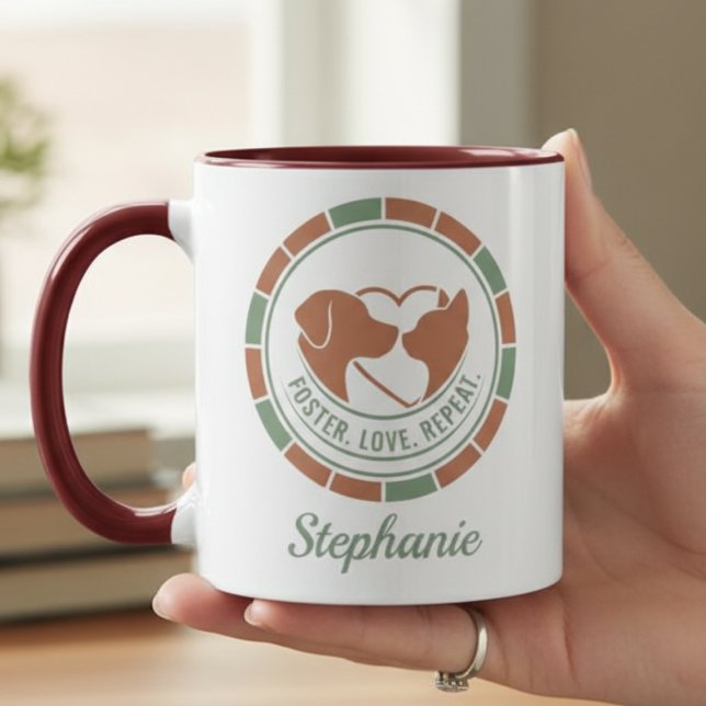 Foster kärlek upprepa Hund Katt Räddning Förespråk Mugg (Foster Love Repeat dog and cat mug — sweet holiday gift idea for dedicated rescue animal advocates.)