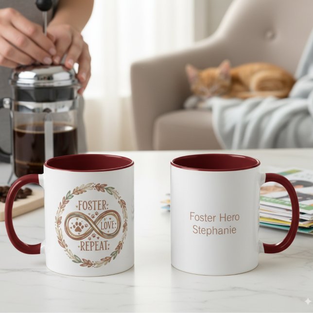 Foster Kärlek Upprepa Räddningsförespråkare för Al Mugg (Foster love repeat infinity mug — heartfelt Christmas gift idea for rescue animal heroes.)