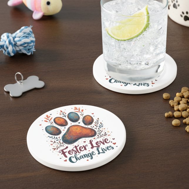 Foster Love Change Lives Hundmamma Räddning Underlägg (Botanical paw print coaster for the rescue dog mom—a thoughtful birthday gift idea for her home.)