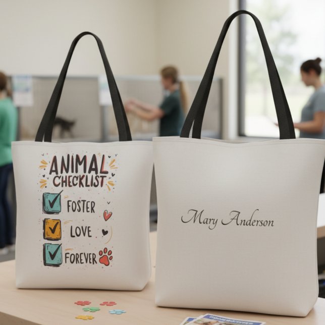 Foster Love Forever Djurchecklista Tygkasse (Animal checklist foster love forever tote — perfect holiday gift idea for rescue advocates.)
