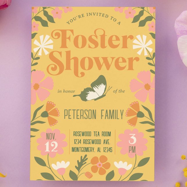 Fosterdusch för återfyllnadsfärgad Blomsterträdgår Inbjudningar (Foster Shower Retro 70s garden flower butterfly design cute modern funky foster care shower invite)