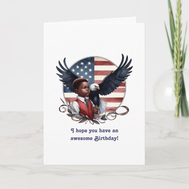 Fosterländsk Örn & Pojke All Amerikansk Födelsedag Kort (Framsida)