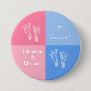 Fotavtryck av Twin Boy och Girl Cute Rosa Baby Knapp