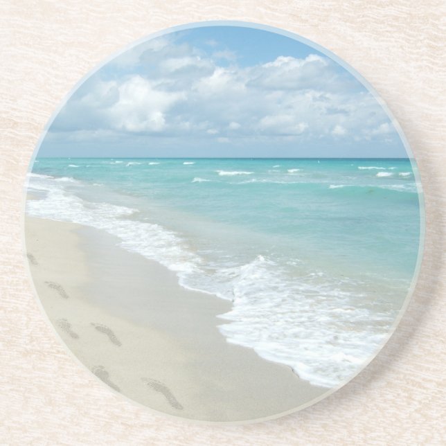 Fotavtryck på White Sandy Beach, Scenia Aqua Blue Underlägg Sandsten (Framsidan)