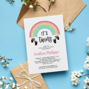 Fotavtryck Rainbow Boy & Girl Twillingars Baby Sho Inbjudningar