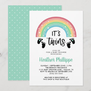 Fotavtryck Regnbåge Det är Twillingar Baby Shower Inbjudningar