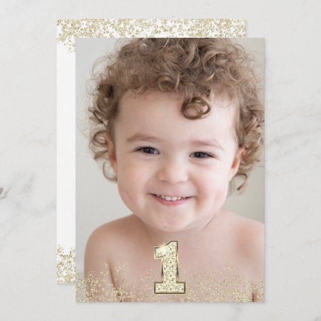 Fotbojor med guld Glitter flickor 1:a födelsedag P Inbjudningar (Fram/baksida)