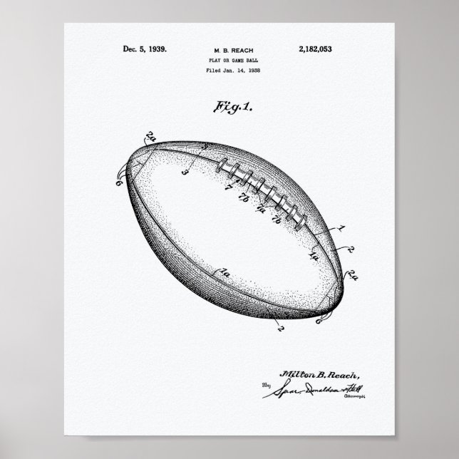 Fotboll 1939 Patent Art - Vitbok Papper Poster (Framsidan)