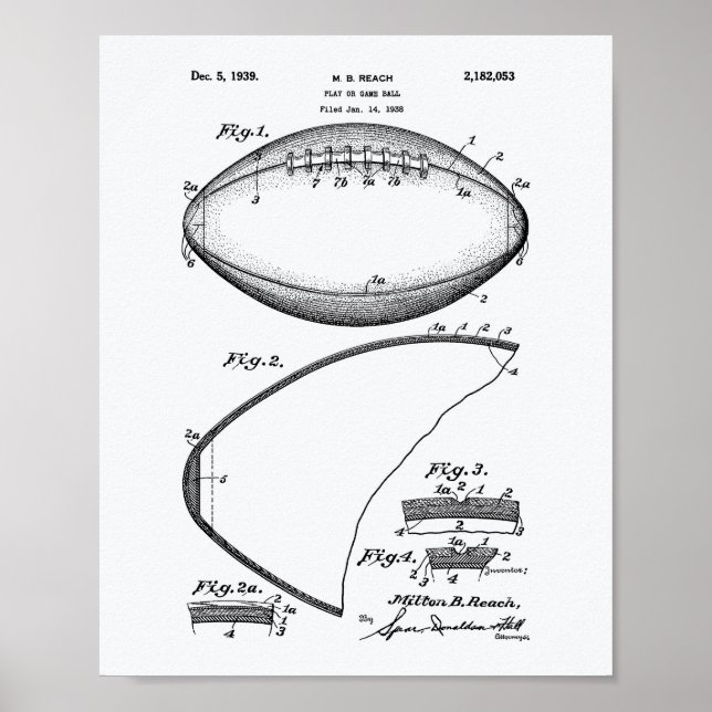 Fotboll 1939 Patent Art - Vitbok Papper Poster (Framsidan)