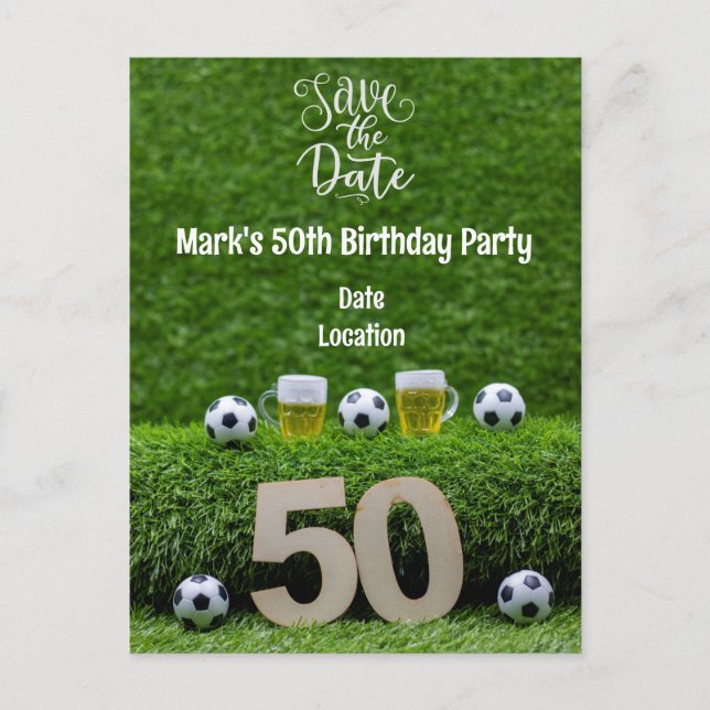 Fotboll 50 år med öl på grönt vykort (Framsida)