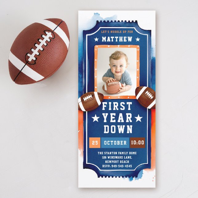 Fotboll Biljett Photo Blue Orange Boy 1:a födelsed Inbjudningar (first year down football 1st birthday invitation photo watercolor sports ticket boy blue orange)