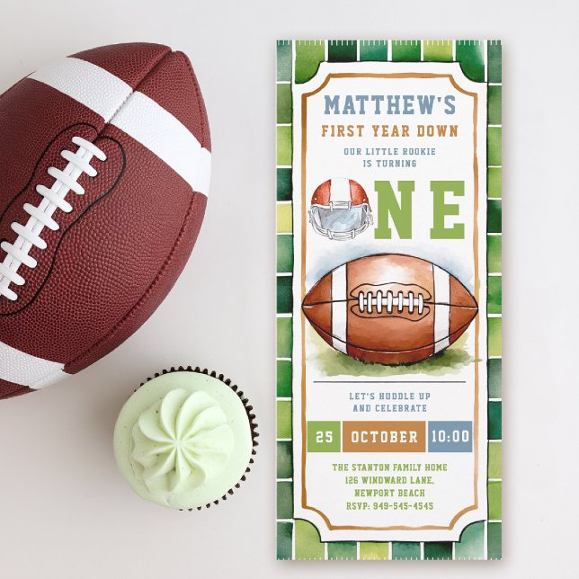 Fotboll Biljett Sports Theme Cute Boy 1a Birthday Inbjudningar (first year down football birthday invitation photo watercolor sports ticket boy green)