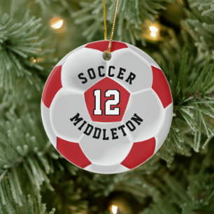 Fotboll ⚽ Boll i Mörken Röd och vit Julgransprydnad Keramik