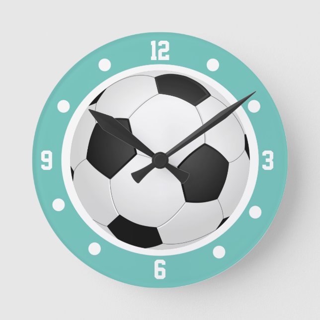 Fotboll Boll Teal Blue Black and White Rund Klocka (Framsida)