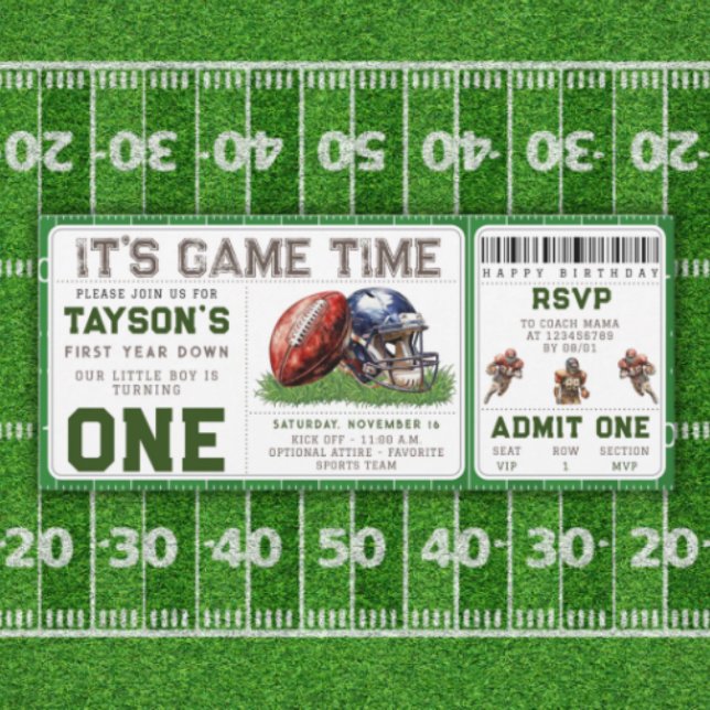 Fotboll Första året Ned 1:a Födelsedag Biljett Inbjudningar (Football First Year Down 1st Birthday Ticket Invitation
)
