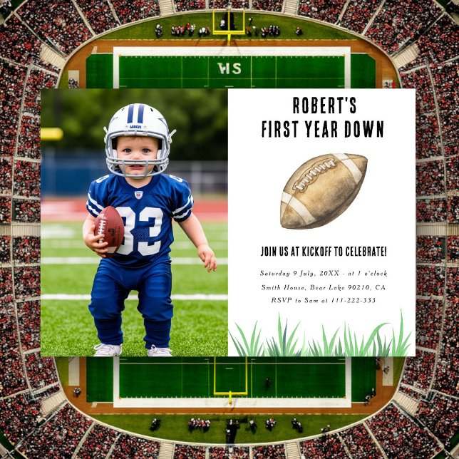Fotboll första året nedåt 1:a födelsedag Party Inbjudningar (Skapare uppladdad)