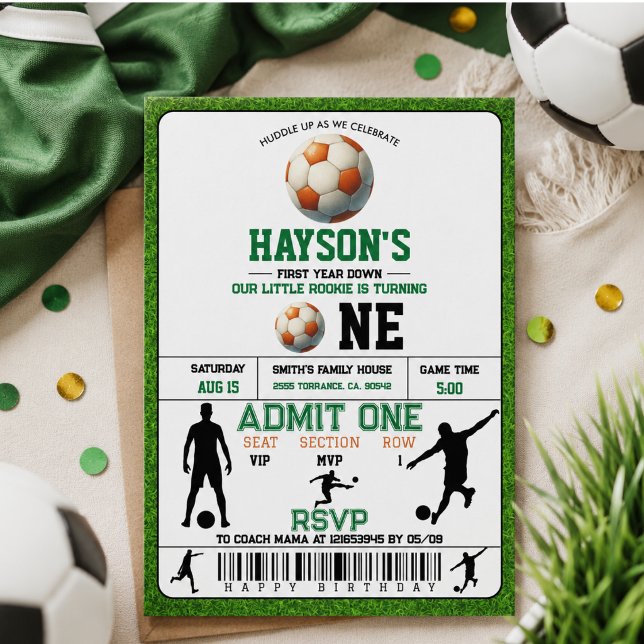 Fotboll Första Året Ner 1:a Födelsedagsfirande Inbjudningar (Soccer First Year Down 1st Birthday Party Invitation)