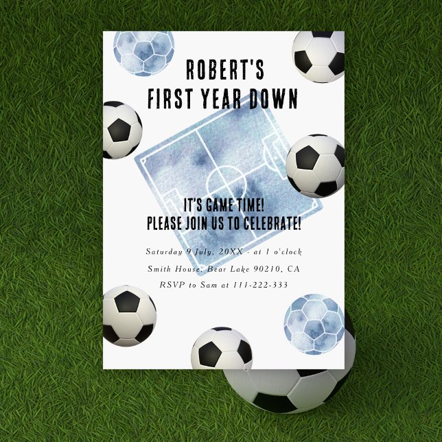 Fotboll Första året ner 1-års födelsedagsfest Inbjudningar (Skapare uppladdad)