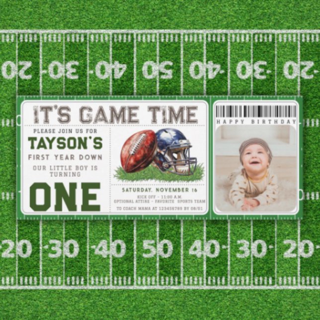 Fotboll Första året Nere 1:a Födelsedags Foto Bilj Inbjudningar (Football First Year Down 1st Birthday Photo Ticket Invitation
)