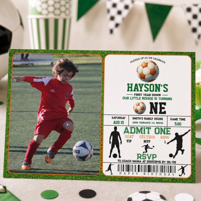 Fotboll Första födelsedagsfest Inbjudningar (Soccer First Year Down 1st Birthday Party Invitation)