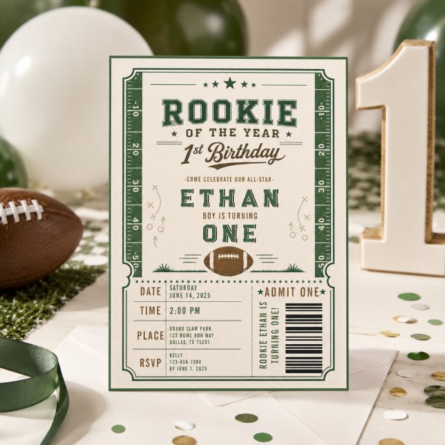 Fotboll Grön Rookie 1-års födelsedagsfest Inbjudningar (Football Green Rookie 1st Birthday party Invitation
)