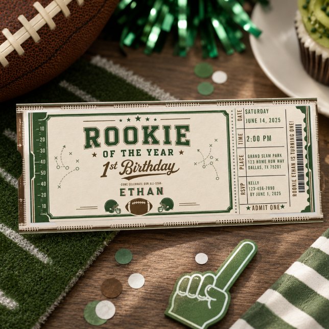 Fotboll Grön Rookie 1-års födelsedagsfest Inbjudningar (Football Green Rookie 1st Birthday party Invitation
)