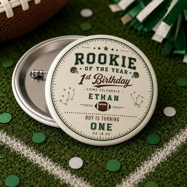 Fotboll Grön Rookie 1-års födelsedagsfest Knapp (Football Green Rookie 1st Birthday party Button
)